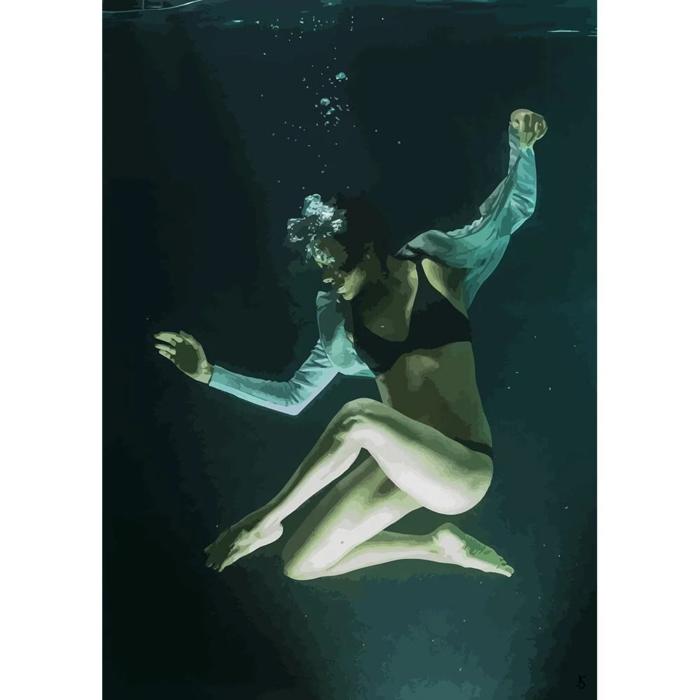 woman wearing a white shirt and black bra posing underwater abstract figurative print