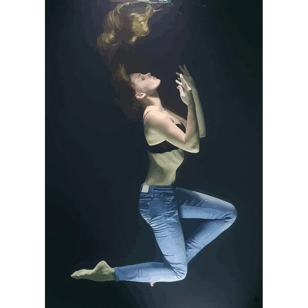 woman wearing jeans and bra posing underwater abstract figurative print