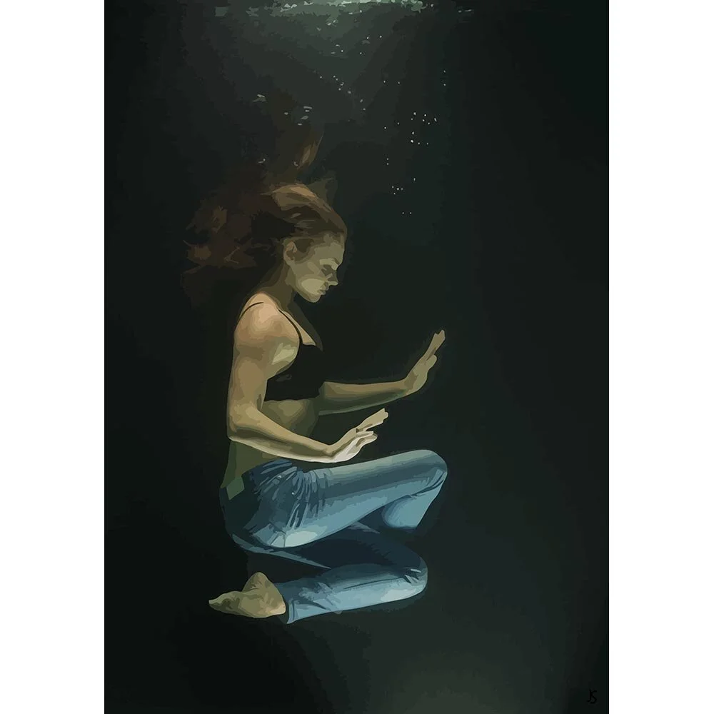 woman wearing jeans and bra posing underwater abstract figurative print
