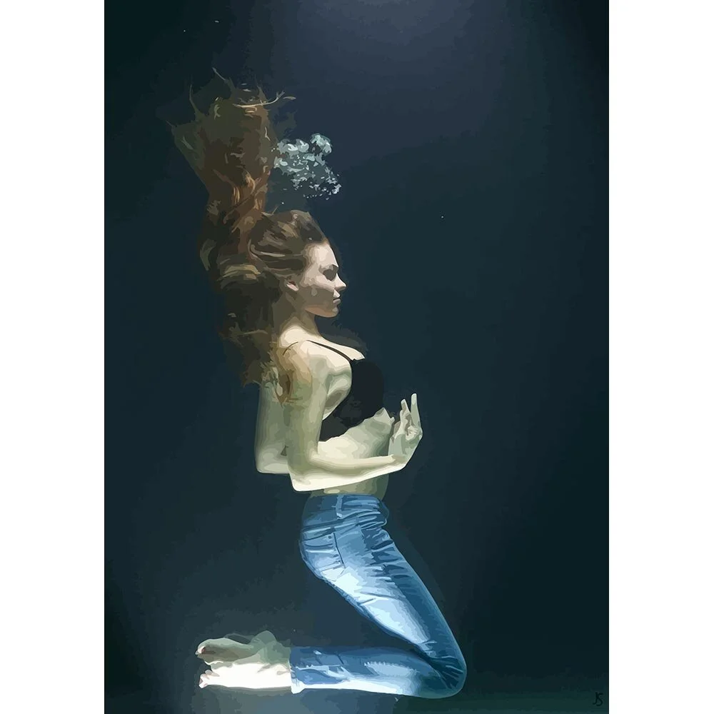 woman wearing jeans and bra posing underwater abstract figurative print