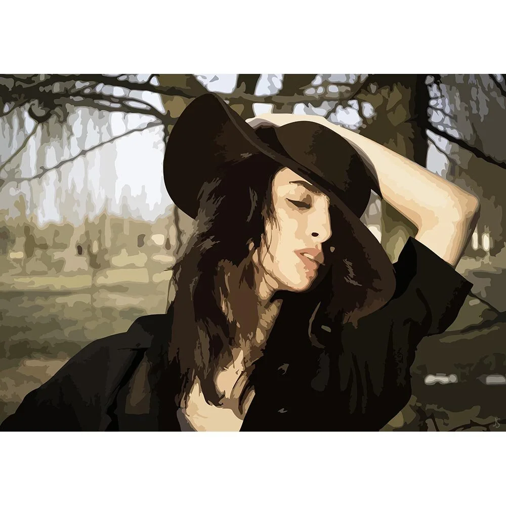 young woman wearing a black hat posing seductively abstract figurative print