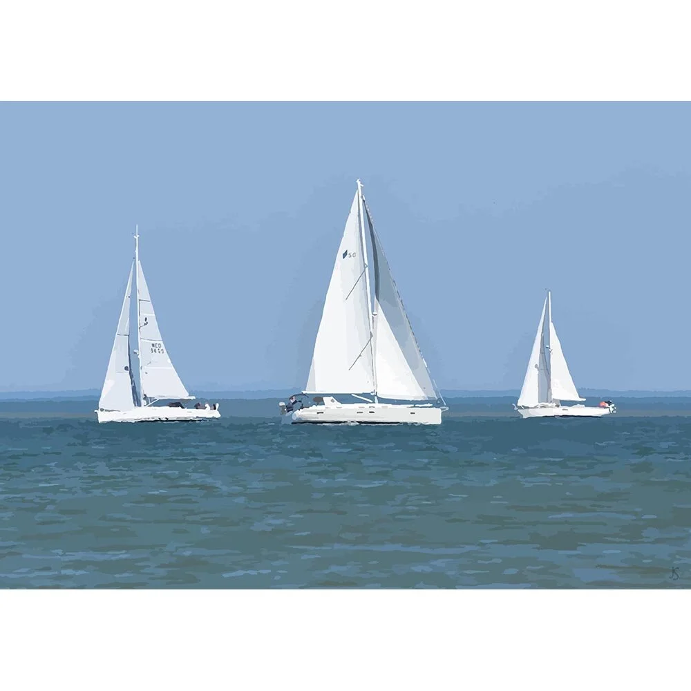 three sailboats cruising abstract figurative print