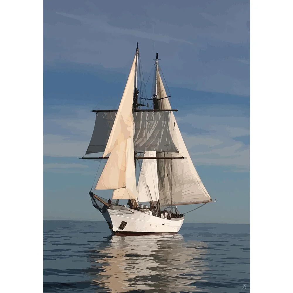 historic two masted clipper at sea abstract figurative print
