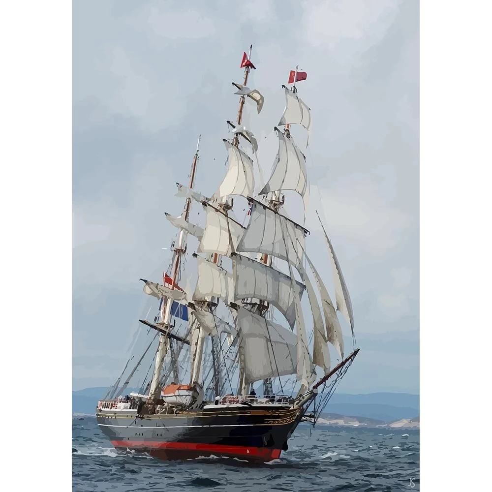 historic three masted sailing ship at sea abstract figurative print