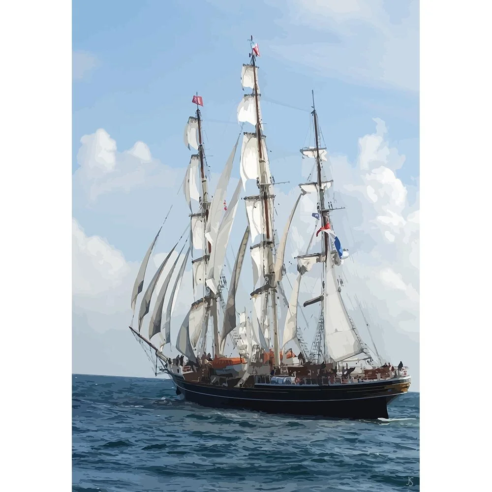historic three masted sailing ship at sea abstract figurative print