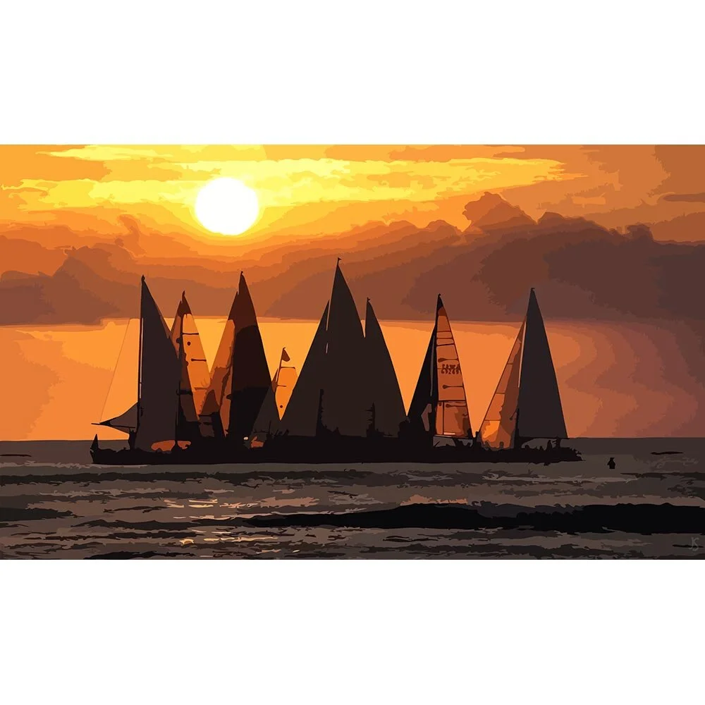sailboats at sea during sunset abstract figurative print