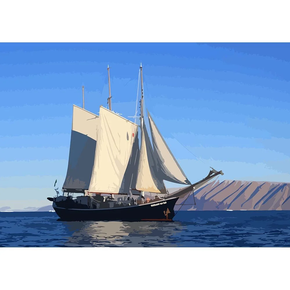historic two masted schooner near coast abstract figurative print