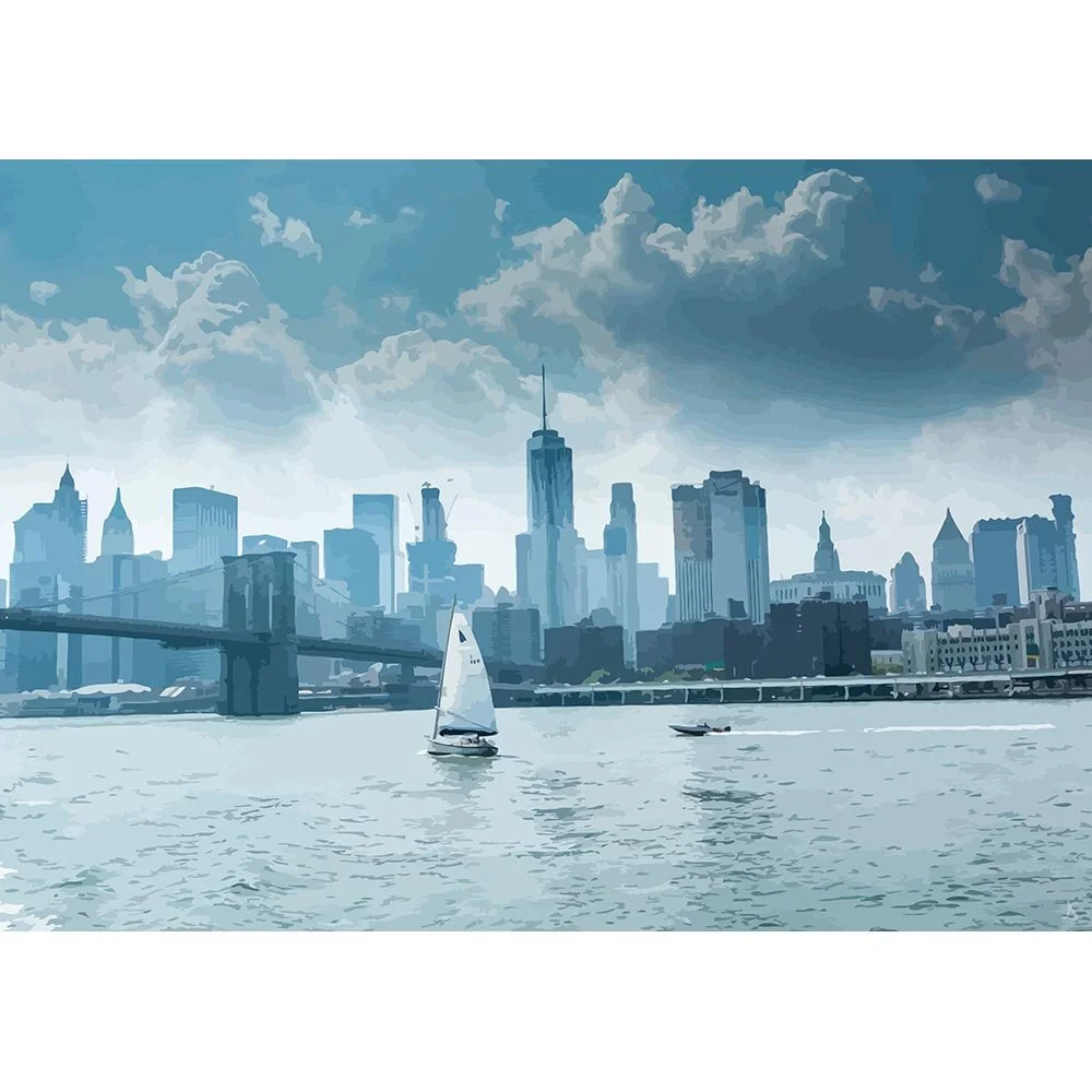 sailboat in front of new york city skyline monochromatic abstract figurative print