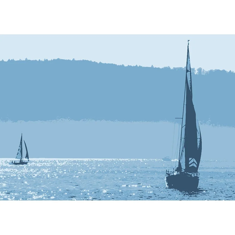 sailboats at sea monochromatic abstract figurative print