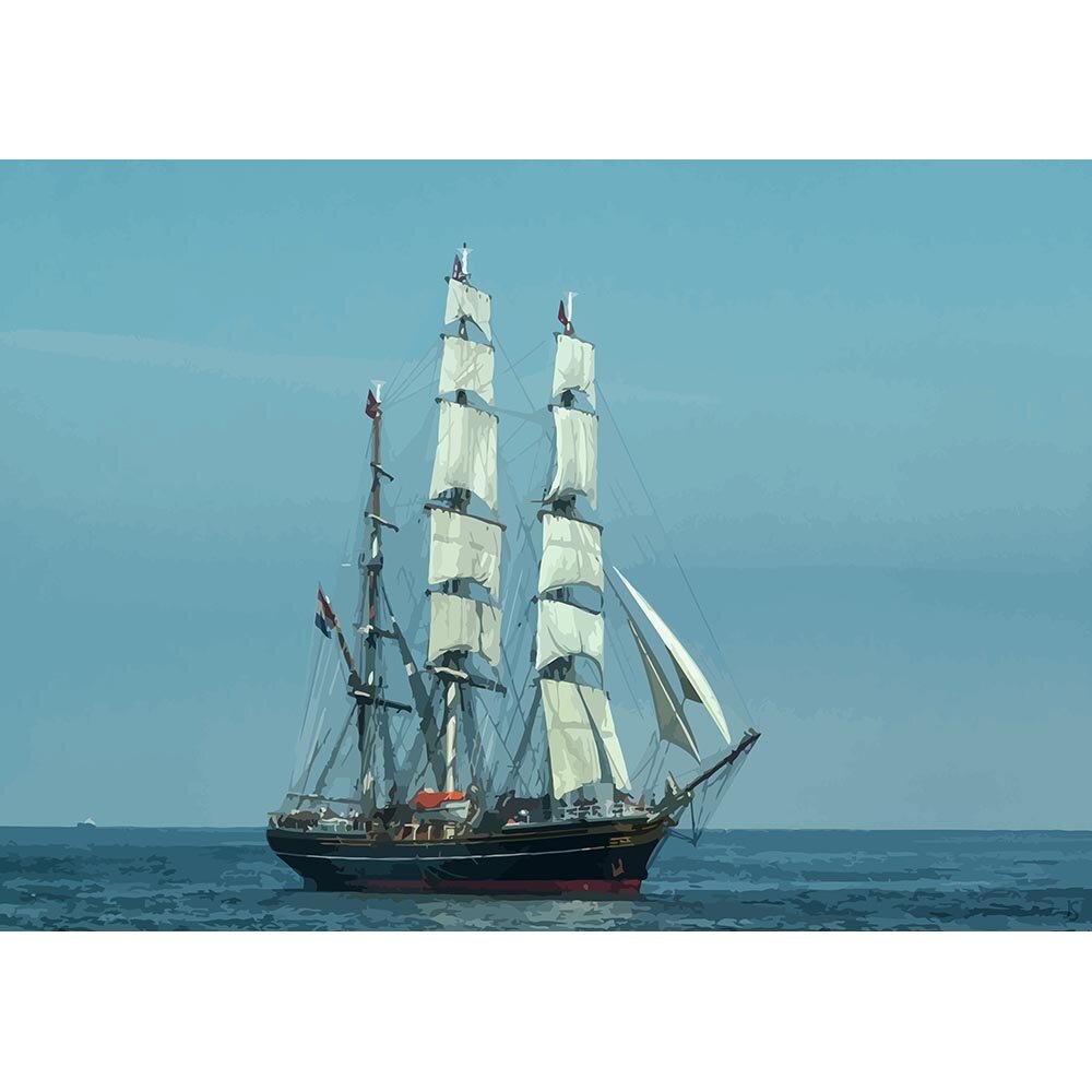 historic three masted sailing ship at sea abstract figurative print