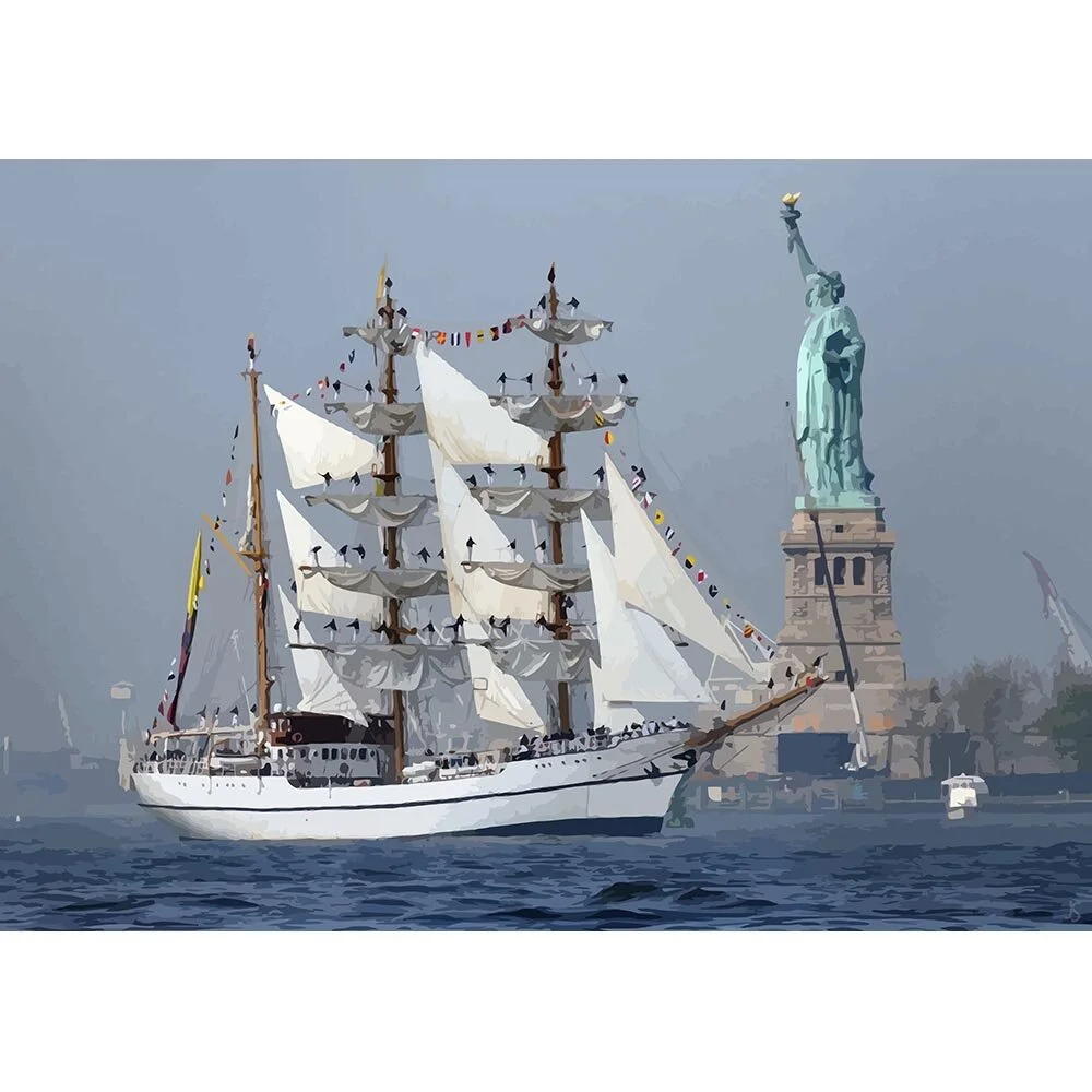historic three masted sailing ship in front of statue of liberty abstract figurative print