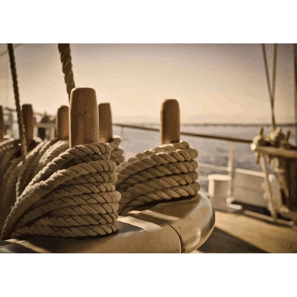 ropes and pegs on a sailing vessel abstract figurative print