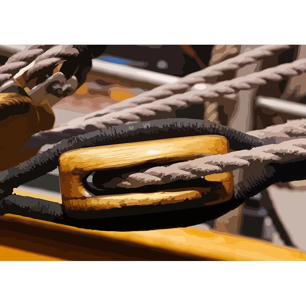 ropes and pulleys on a sailing vessel abstract figurative print