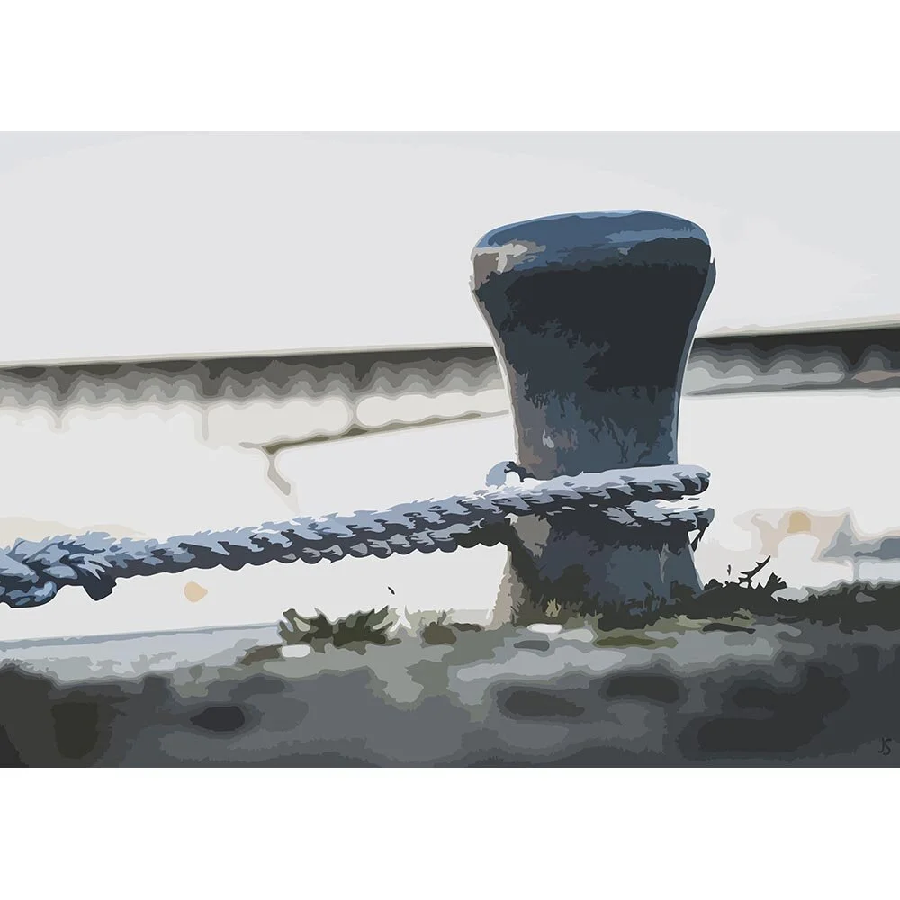 mouring rope on a harbour bollard abstract figurative print