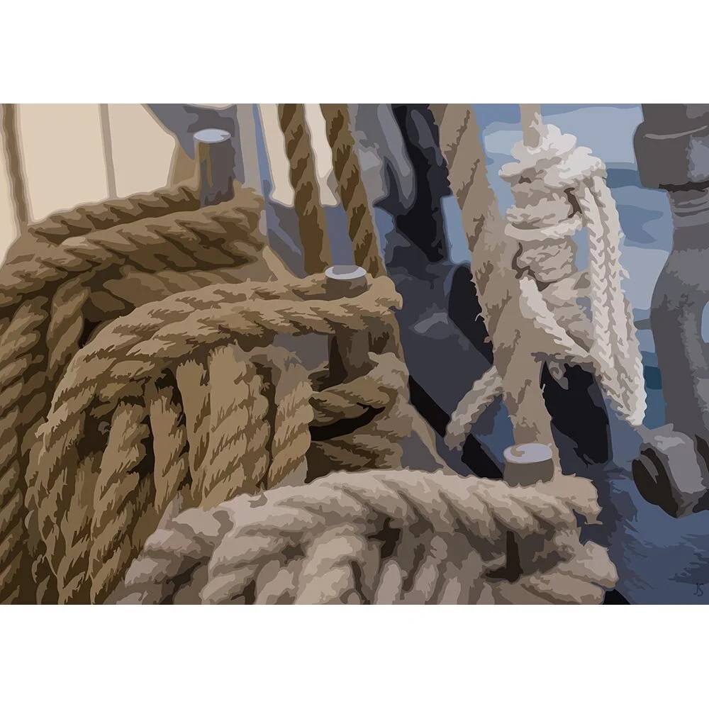 fastening ropes and pegs on a sailing vessel abstract figurative print