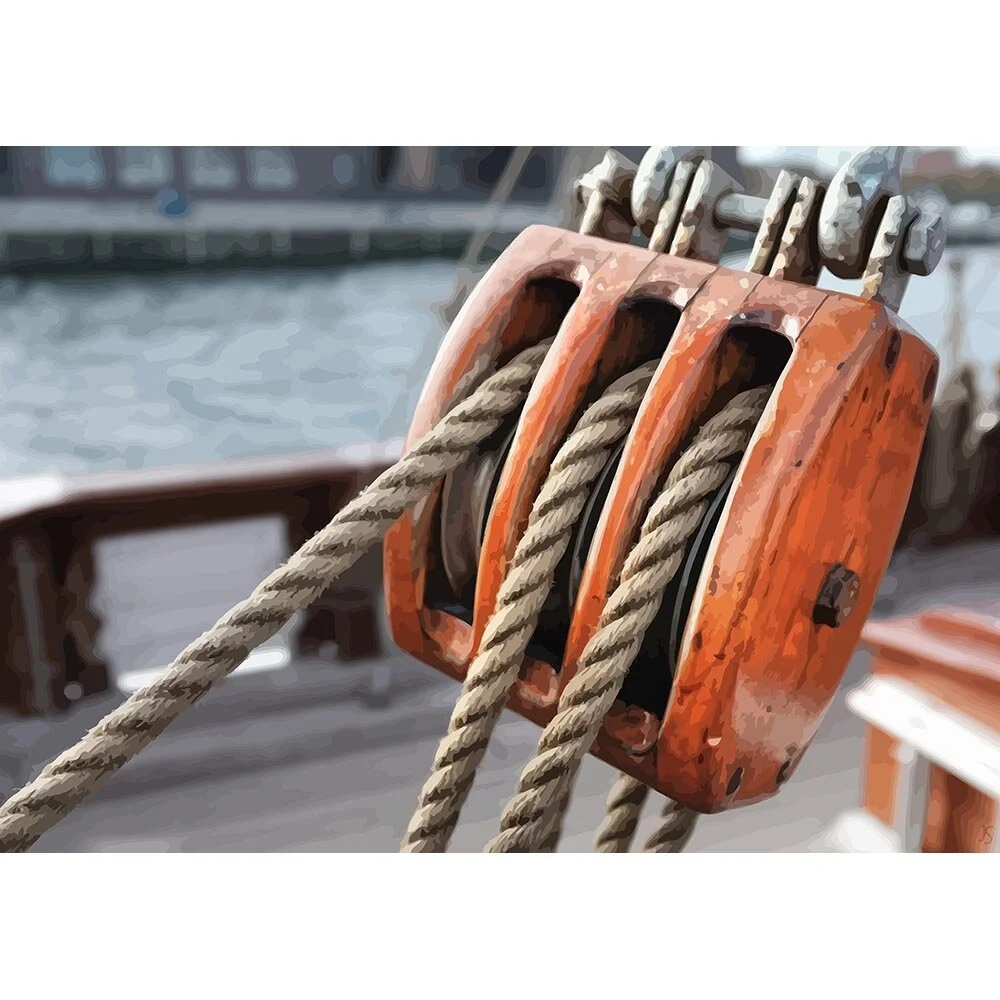 pulley and ropes on a sailing vessel abstract figurative print