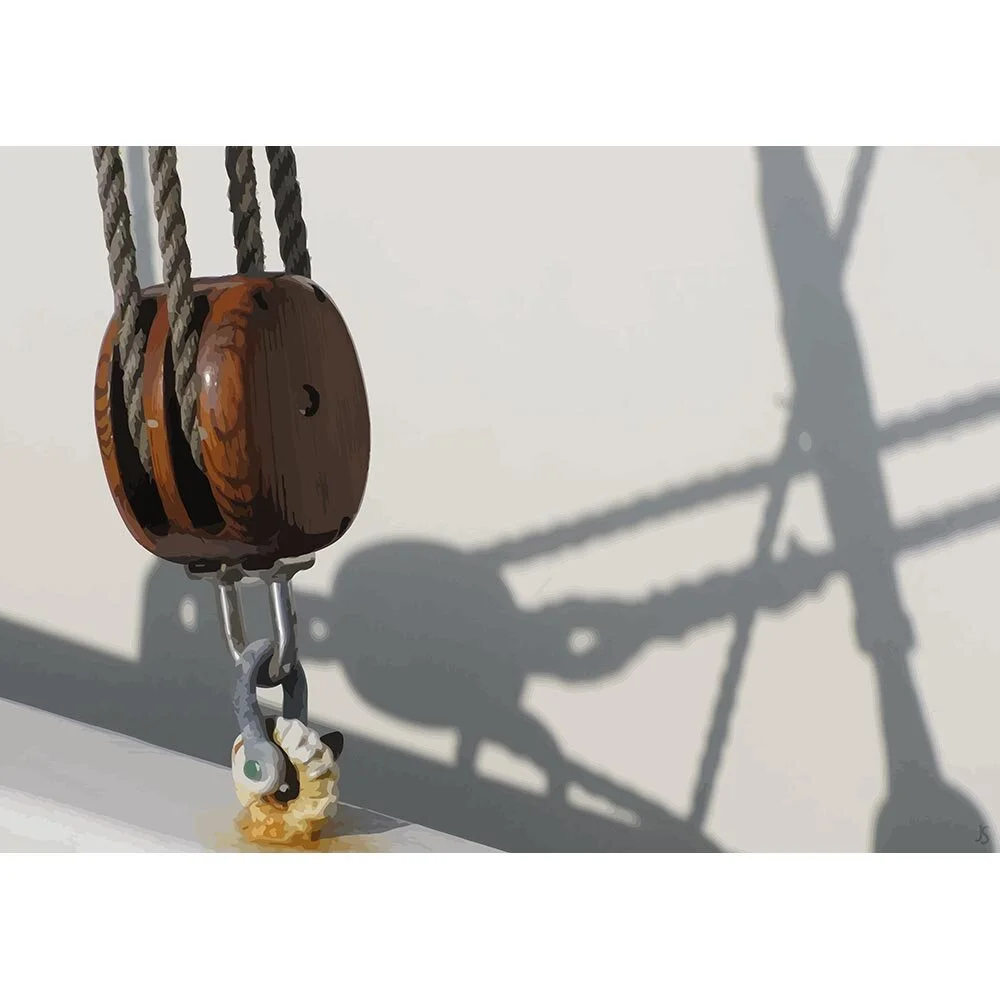 pulley and ropes casting interesting shadows abstract figurative print