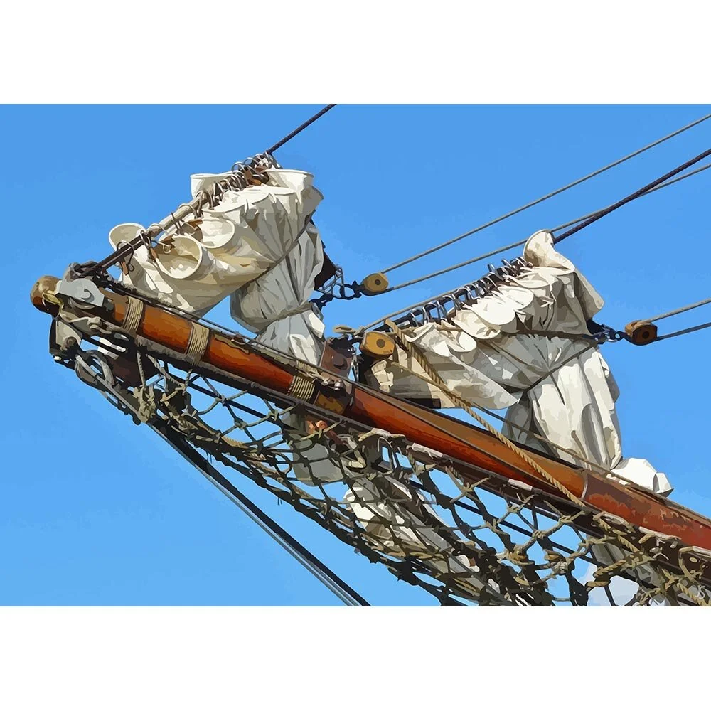 bowsprit of a sailing ship with lowered sails abstract figurative print