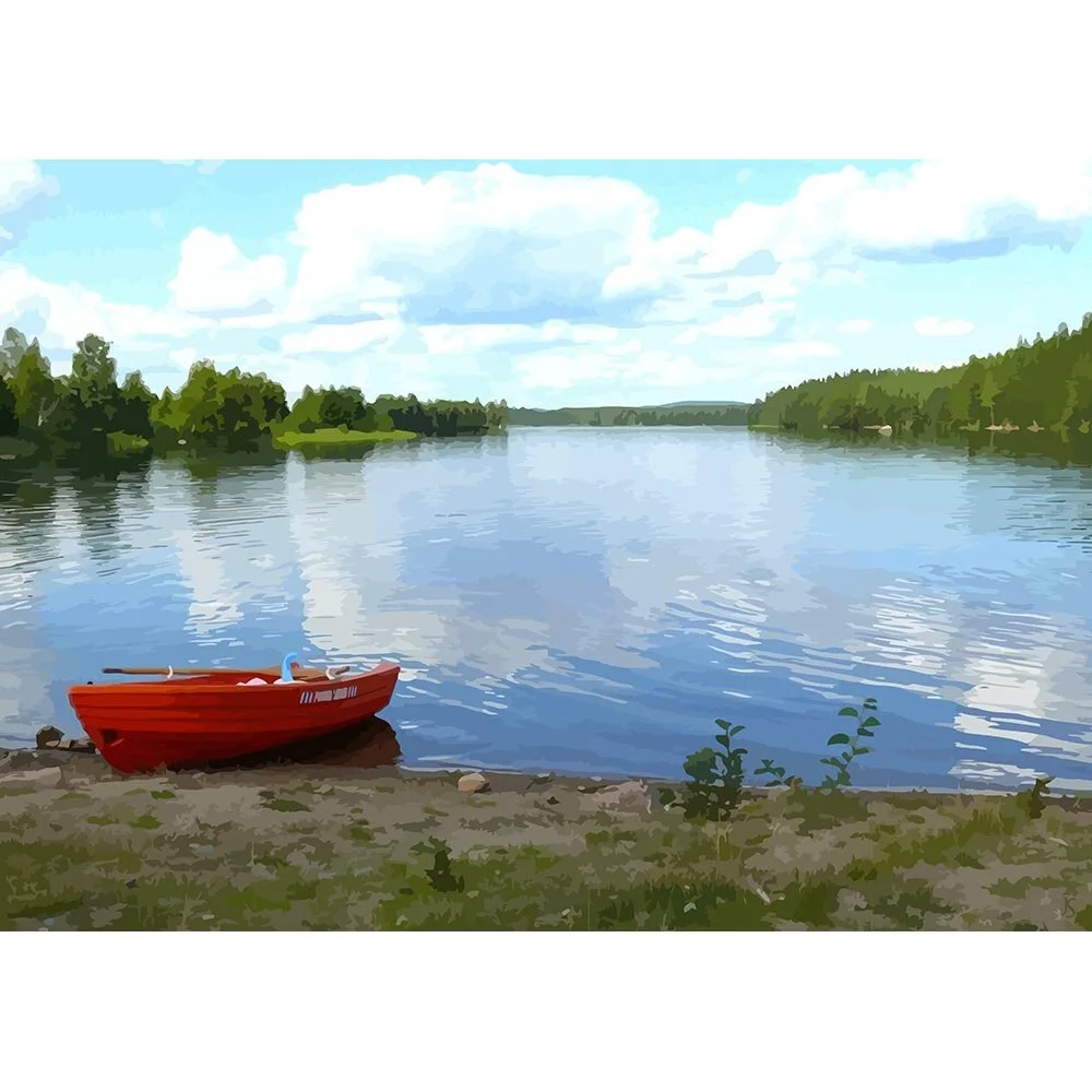 rowing boat on a lake shore abstract figurative print