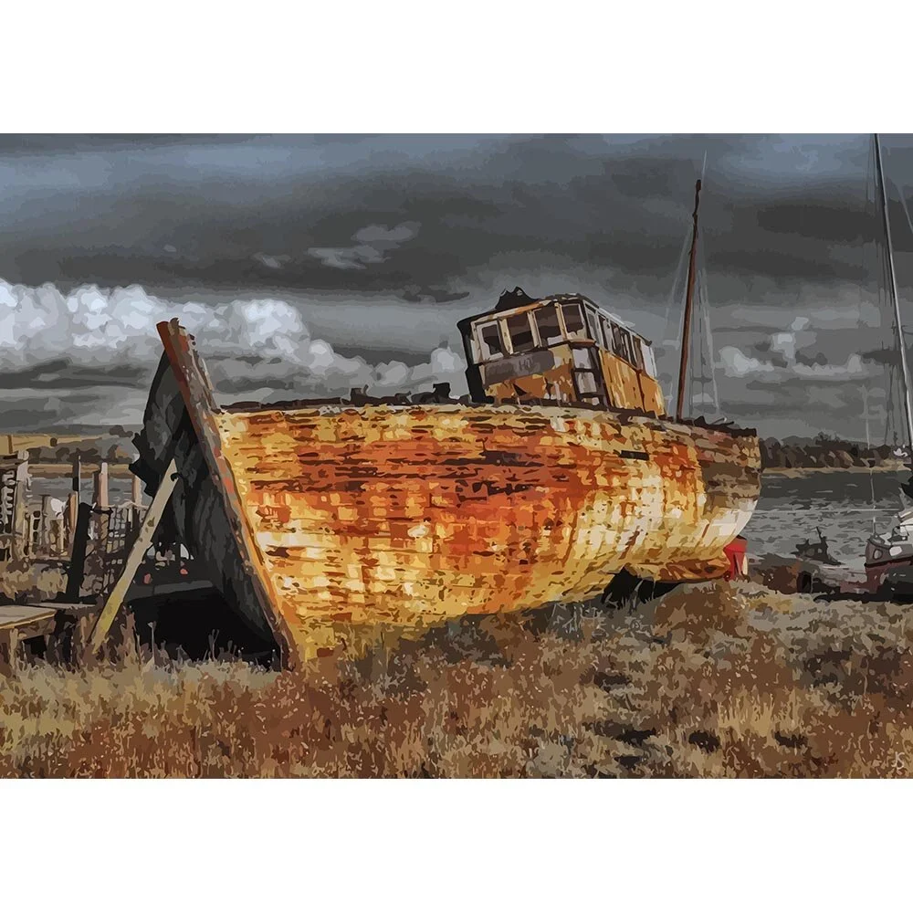 shipwreck on a shore abstract figurative print