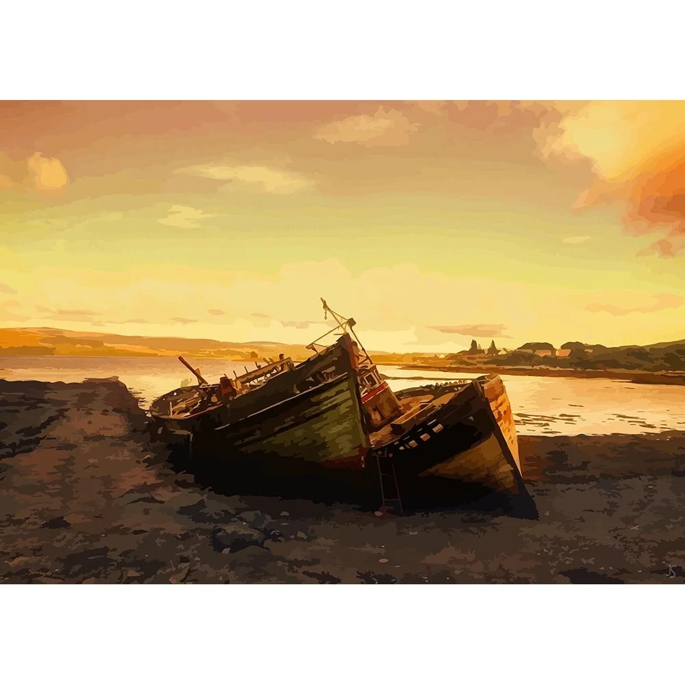 two wrecked ships on a lake shore at sunset abstract figurative print