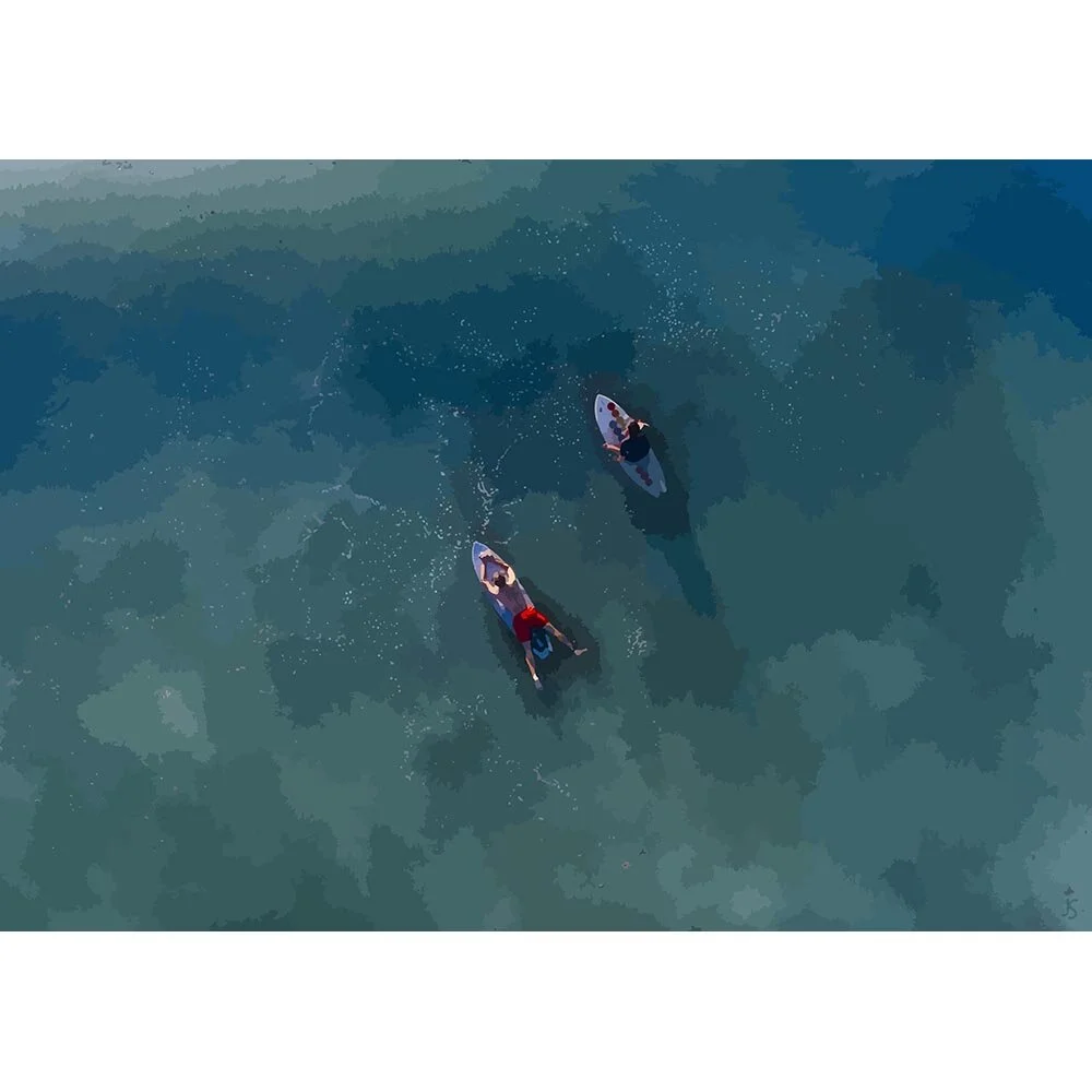 surfers waiting for a wave bird's eye view abstract figurative print