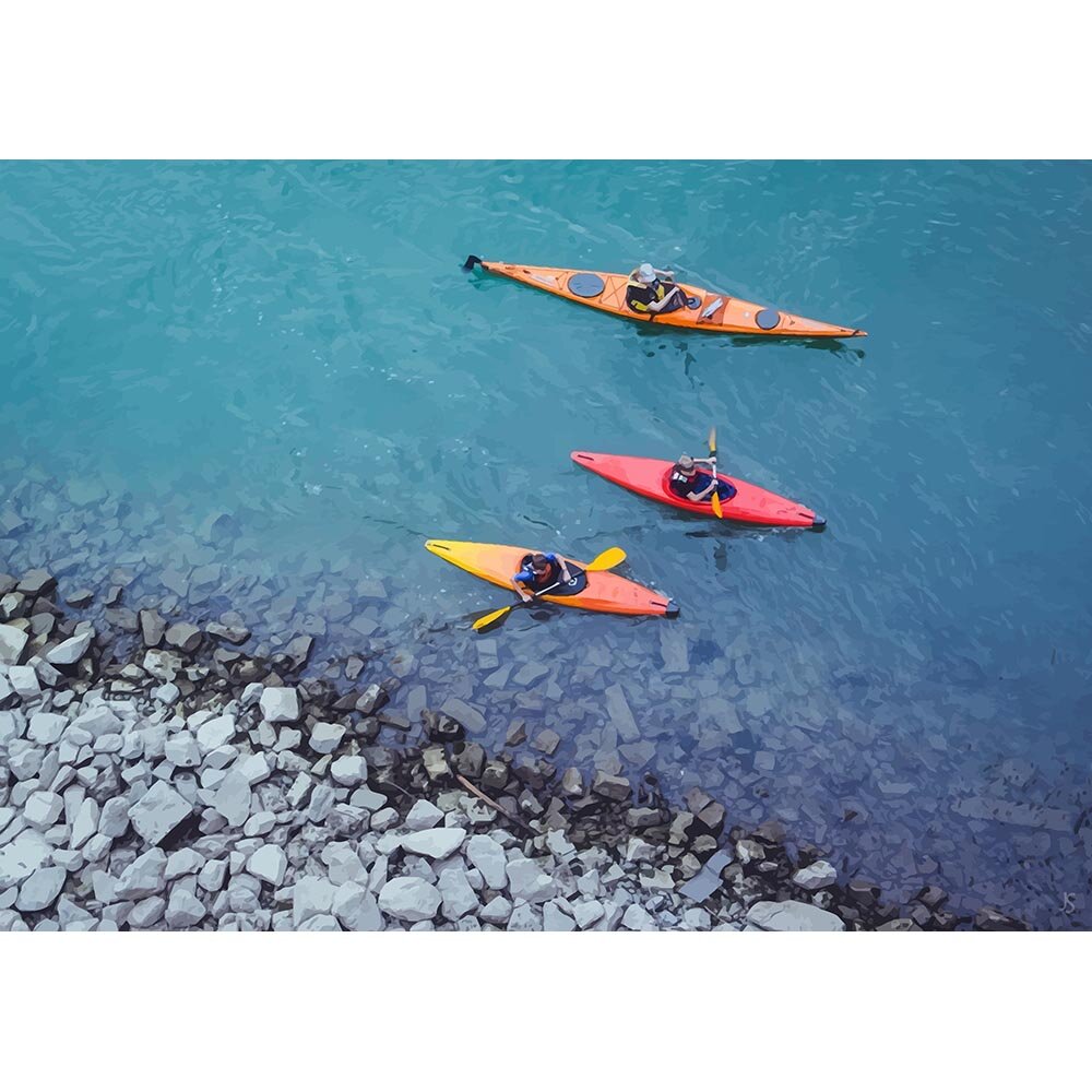 kayaking on a river bird's eye view abstract figurative print