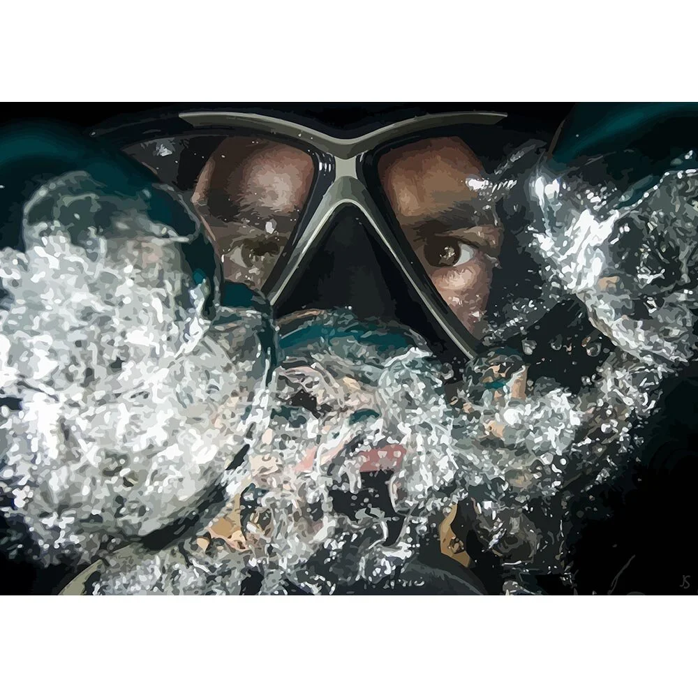 scuba diver close up blowing bubbles abstract figurative print