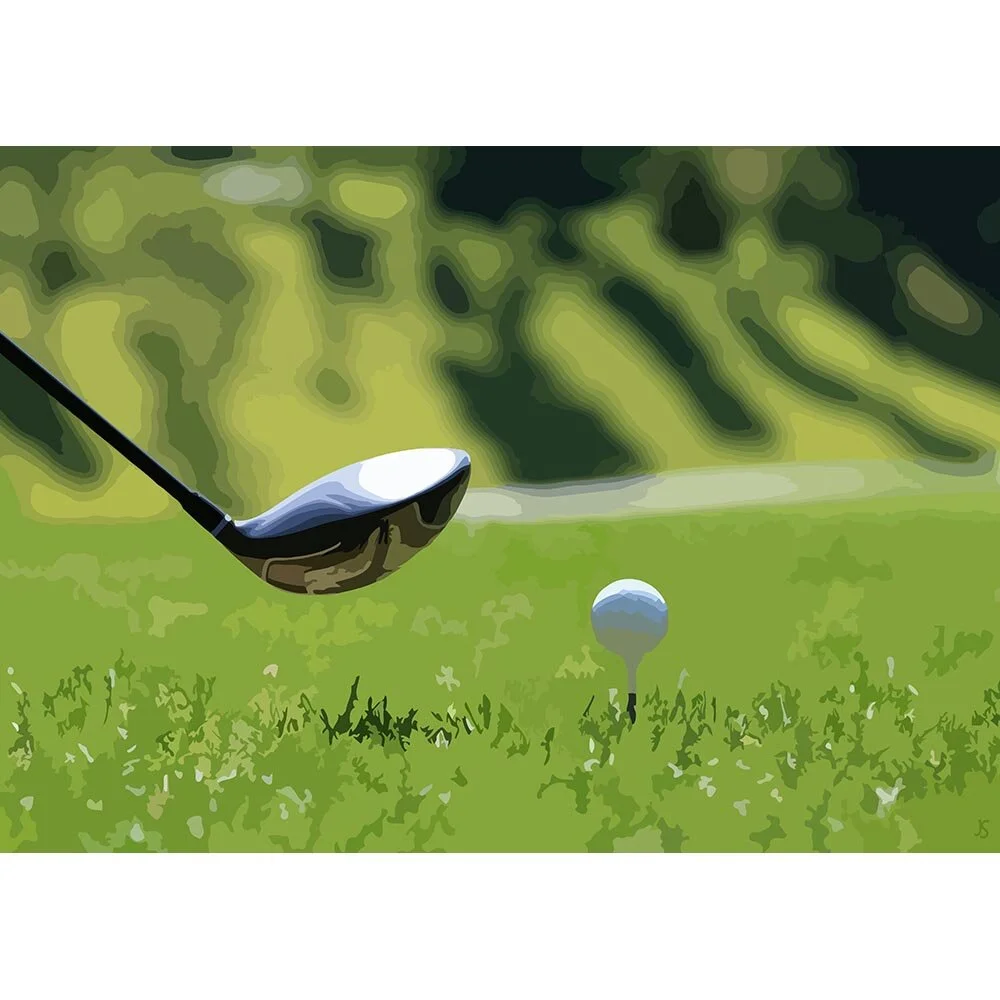 golfer ready to hit golf ball with a shiny driver abstract figurative print