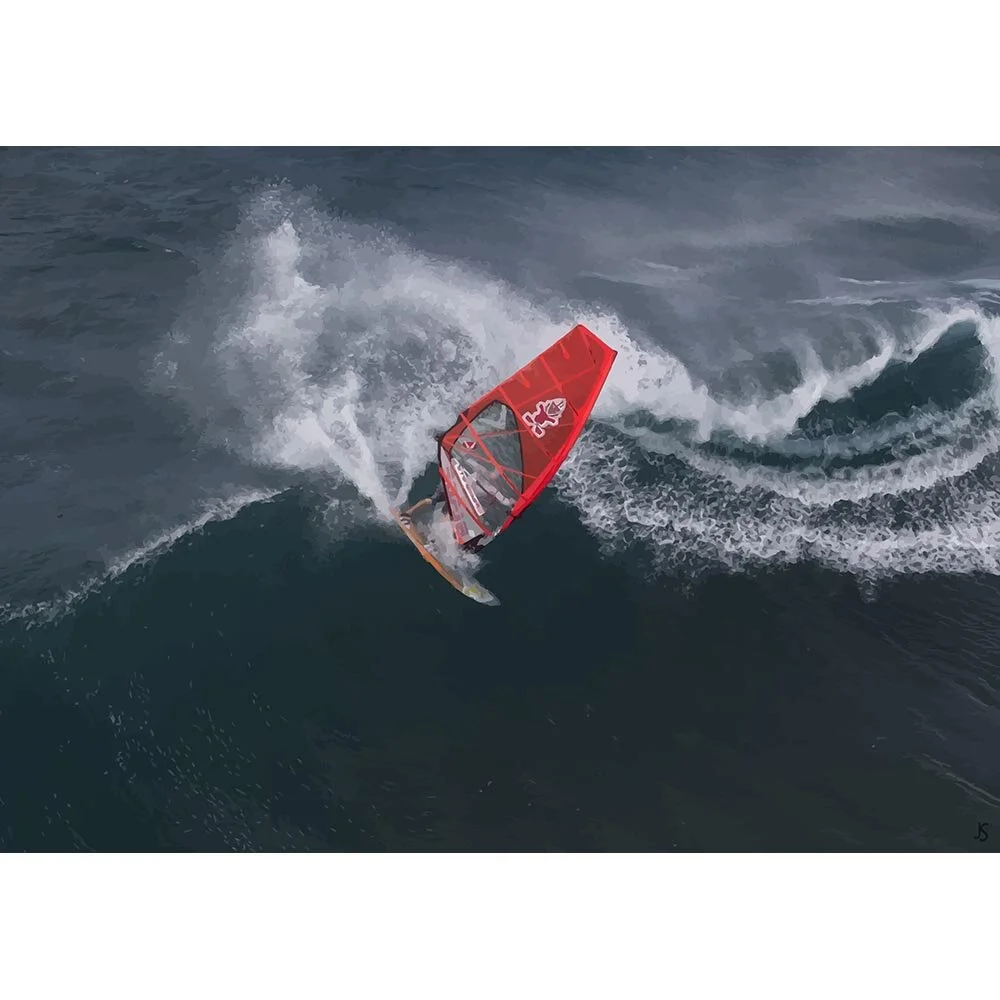 windsurfer taking a high wave abstract figurative print