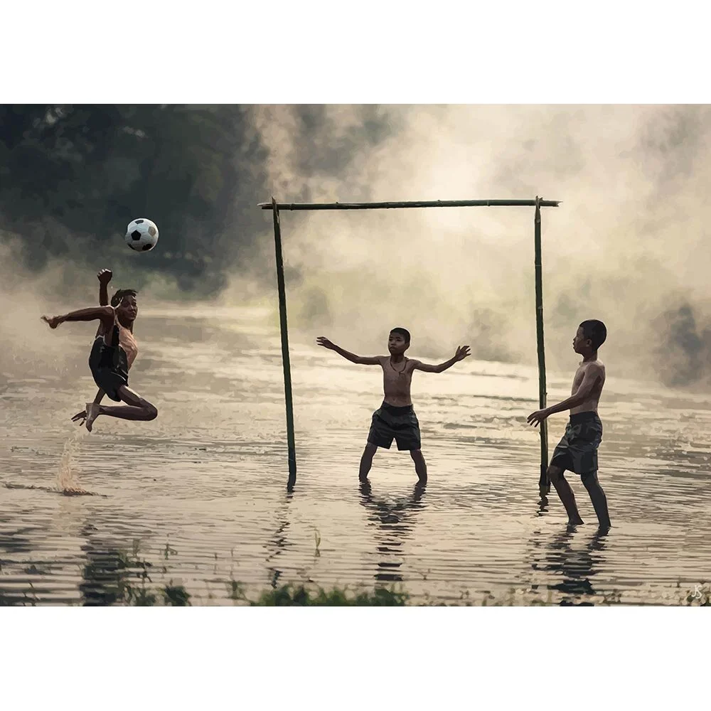 three kids playing soccer on a wet field abstract figurative print
