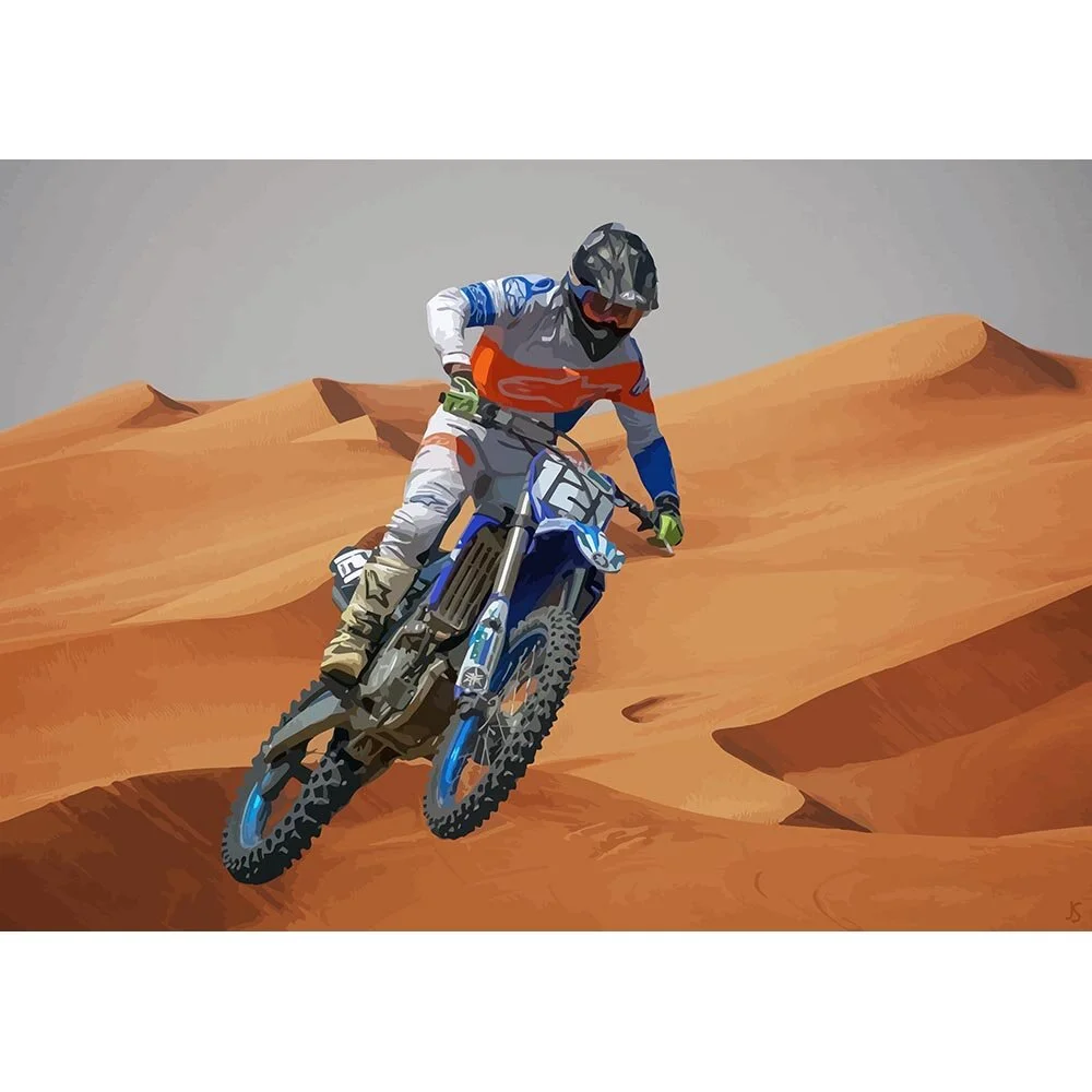 jumping motocross rider in the desert abstract figurative print