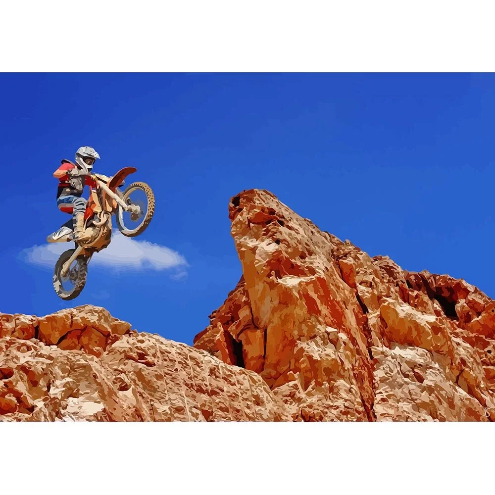 jumping motocross rider in rocky landscape abstract figurative print