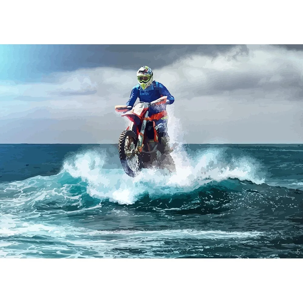 jumping motocross rider on the beach abstract figurative print