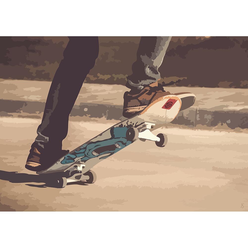 skateboarder doing tricks on a street abstract figurative print