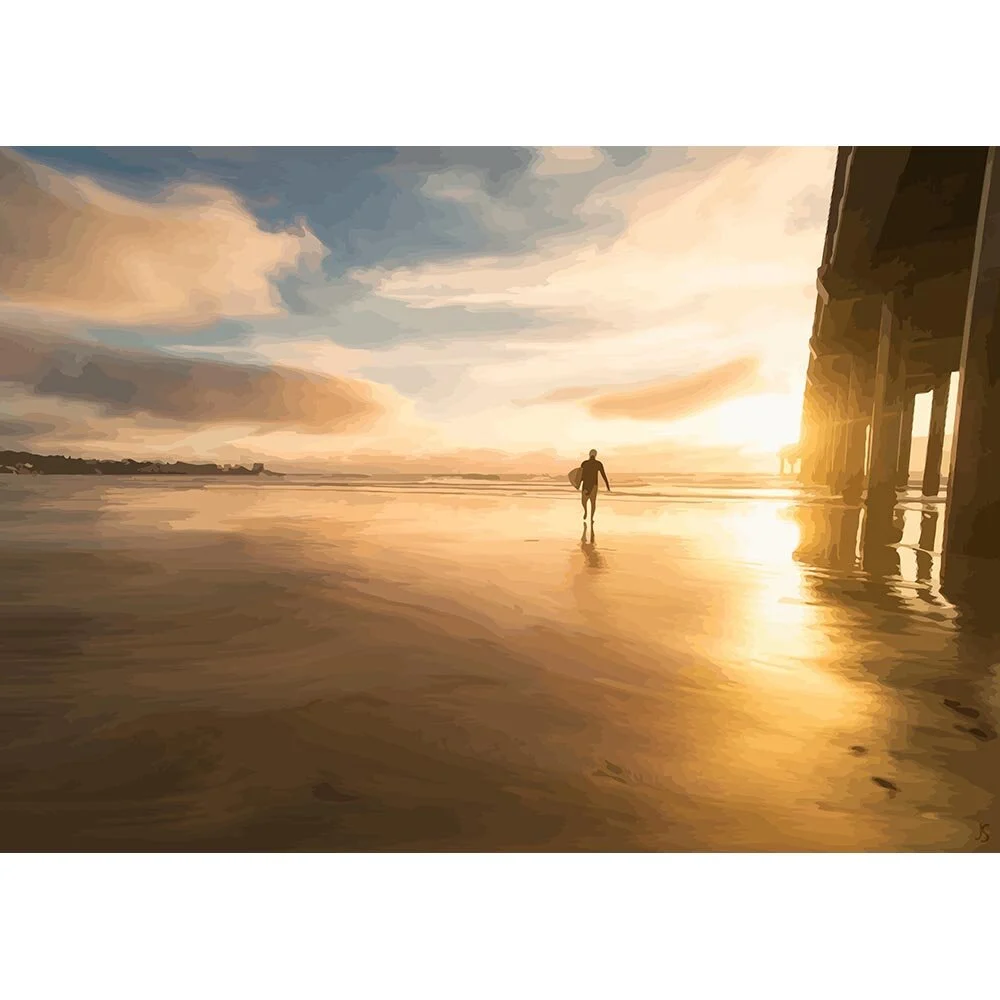 surfer walking on the beach at sunset abstract figurative print