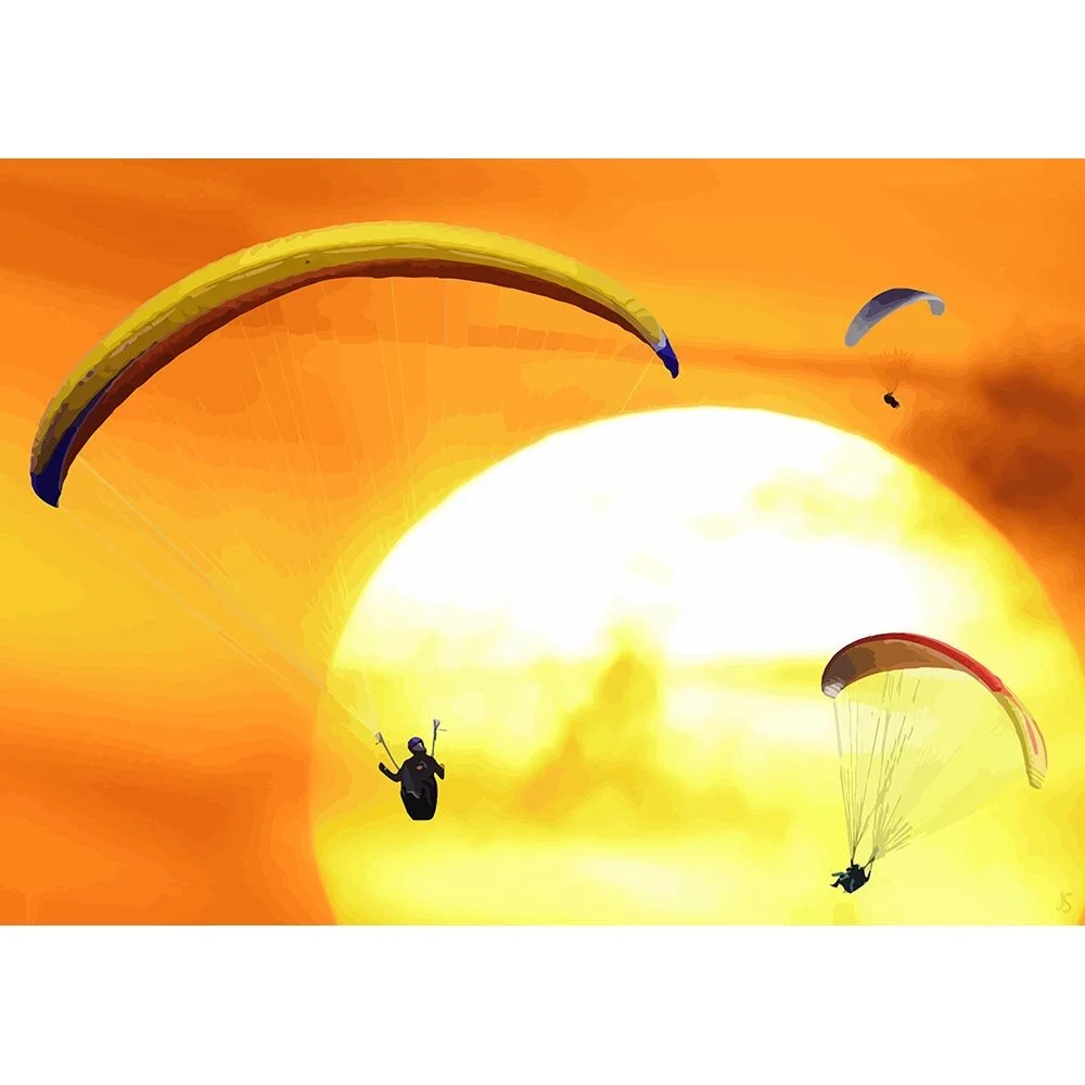 three parachute jumpers at sunset abstract figurative print