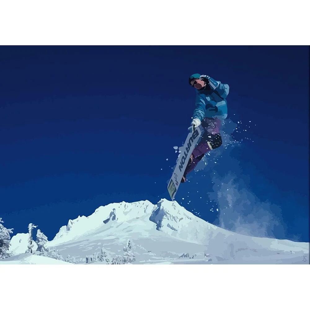 jumping snowboarder on deep blue sky abstract figurative print