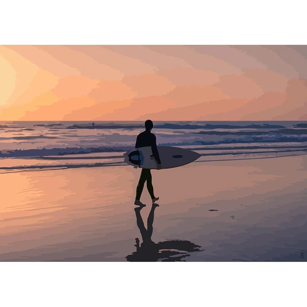 lone surfer walking on the beach at sunset abstract figurative print