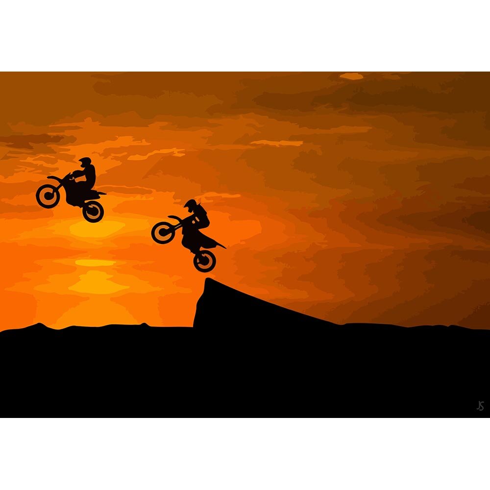 two motocross riders jumping a ramp silhouette abstract figurative print