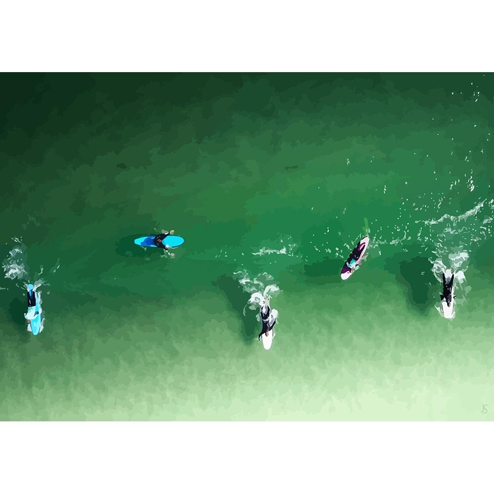 group of surfers near the beach bird's eye view abstract figurative print
