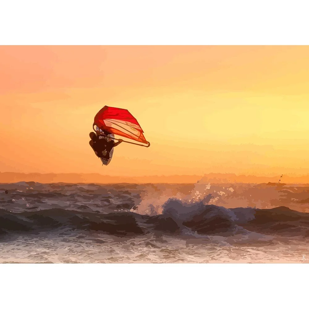 windsurfer jumping a high wave at sunset abstract figurative print