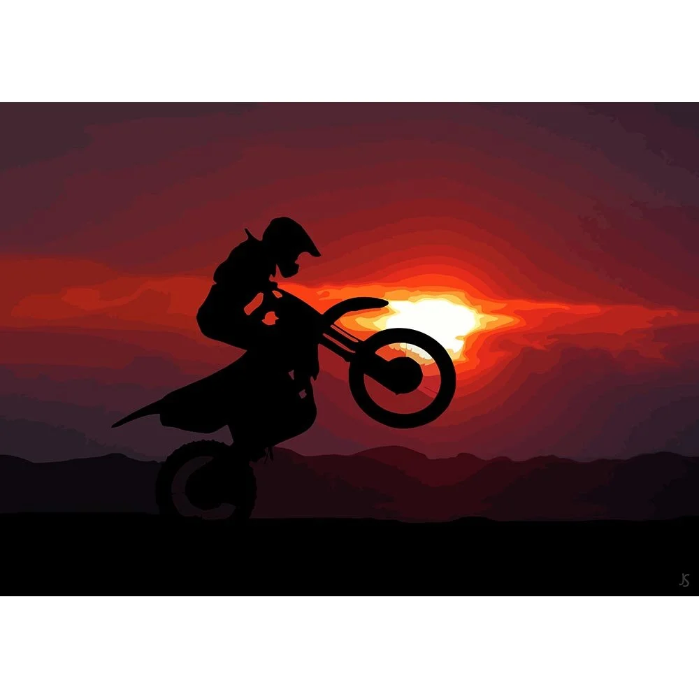 motocross rider making a wheelie at sunset silhouette abstract figurative print