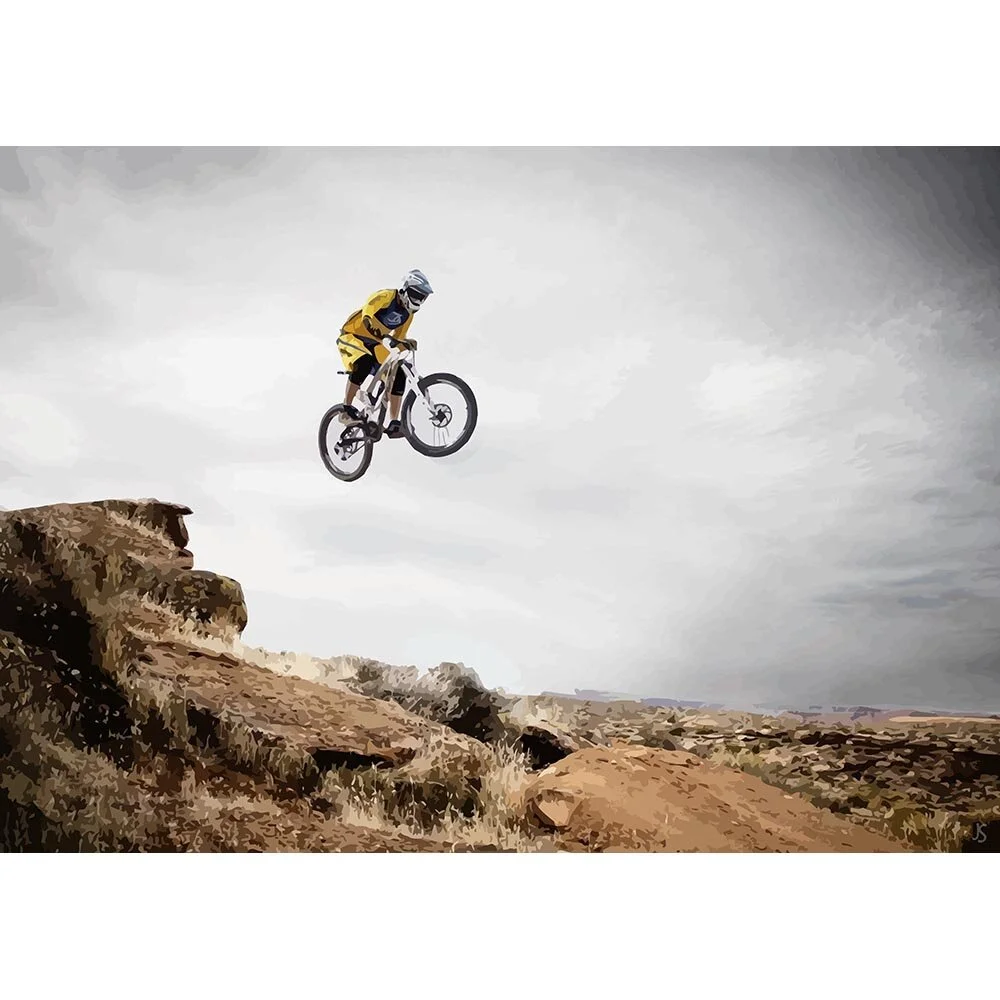 mountain biker making a high jump abstract figurative print