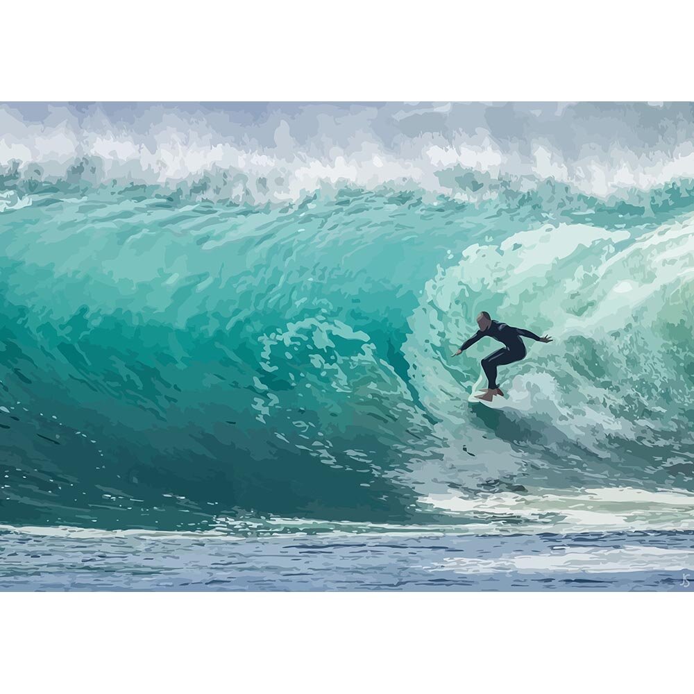 surfer inside the tube of a wave abstract figurative print