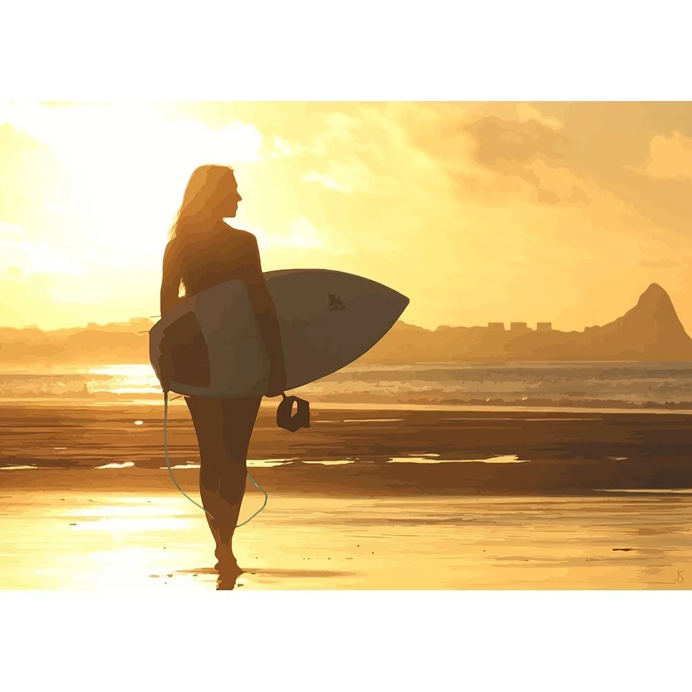 female surfer walking on the beach at sunset abstract figurative print