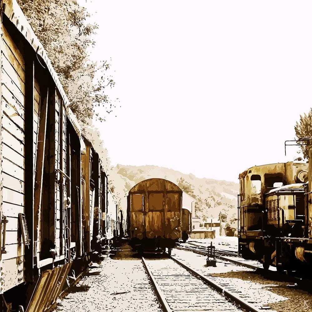trainyard with locomotive and wagons monochrome abstract figurative print