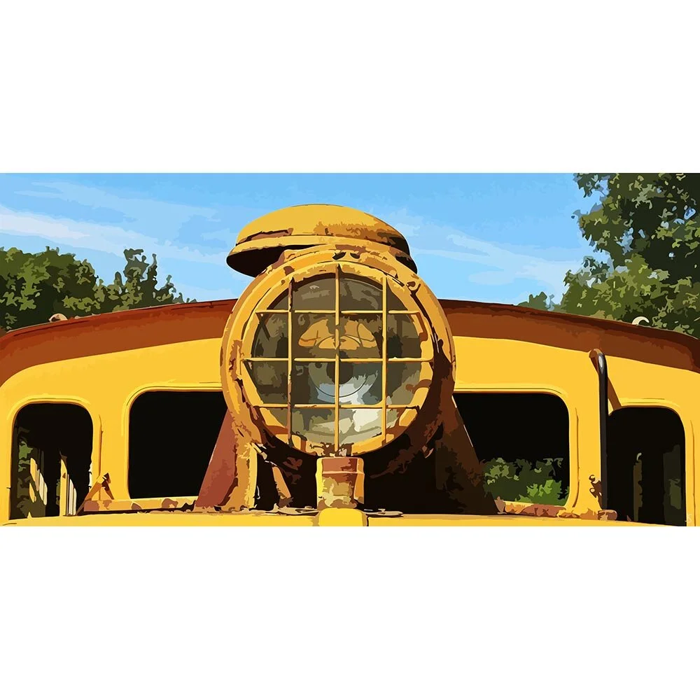 locomotive headlight detail close up abstract figurative print