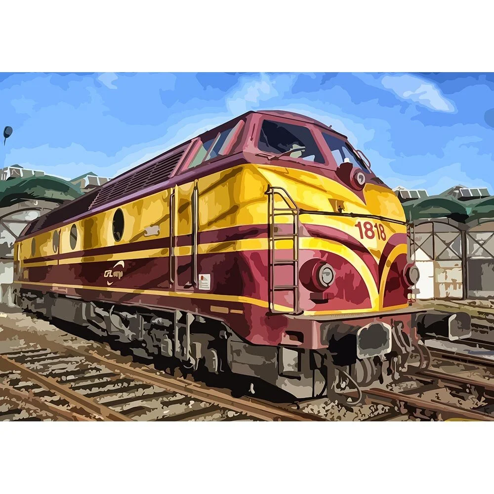 diesel locomotive in a trainyard abstract figurative print