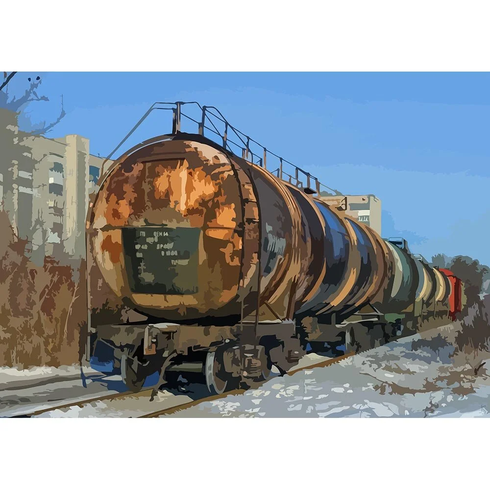 trainyard with old tank wagons abstract figurative print
